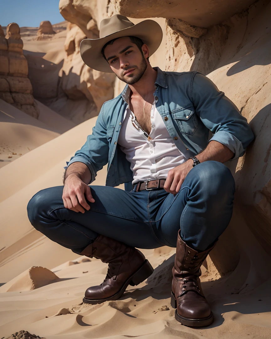 cowboy, Muscular man, blue dress shirt, Brown leather jacket, long black jeans, Cowboy boots, revolver, Cowboy hat, Dark brown hair, Short hair, Brown eyes, Medium beard, Mechanical right arm, desert scenery, There was sand everywhere.