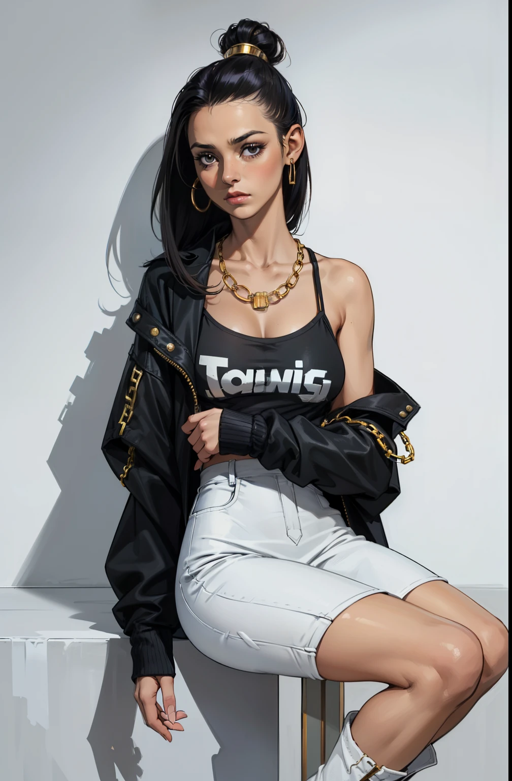 corpo todo, maquiagem, mascara, Lips are soft or colored, fundo preto simples, minimalismo, one girl, 25 years old, monotone, dress, vestido, simple dress paletas de cores simples, limpo, Crisp drawings, silhuetas fluidas, punk, cropped jacket, dark violet blouse, white jeans, boots, peinado Mohawk, mohawk hair, Rocha, Saia, Asymmetric, geometric, Simple and minimalist accessories, athleisure wear, athletic top, Necklaces and thin rings in silver or gold, Pulseiras simples, plan clothes, Designs diferentes, silhuetas simples, Estilo Diesel, garota punk, ((gold chain)), gold jewelry, simple, minimalismo, materiais de alta qualidade, Fresh and urban printing, alta moda, Moda punk, camisa de banda, cor preta, sexy, moda oversized, roupa larga, aspecto, platinum blonde hair, pale skin, large breasts,