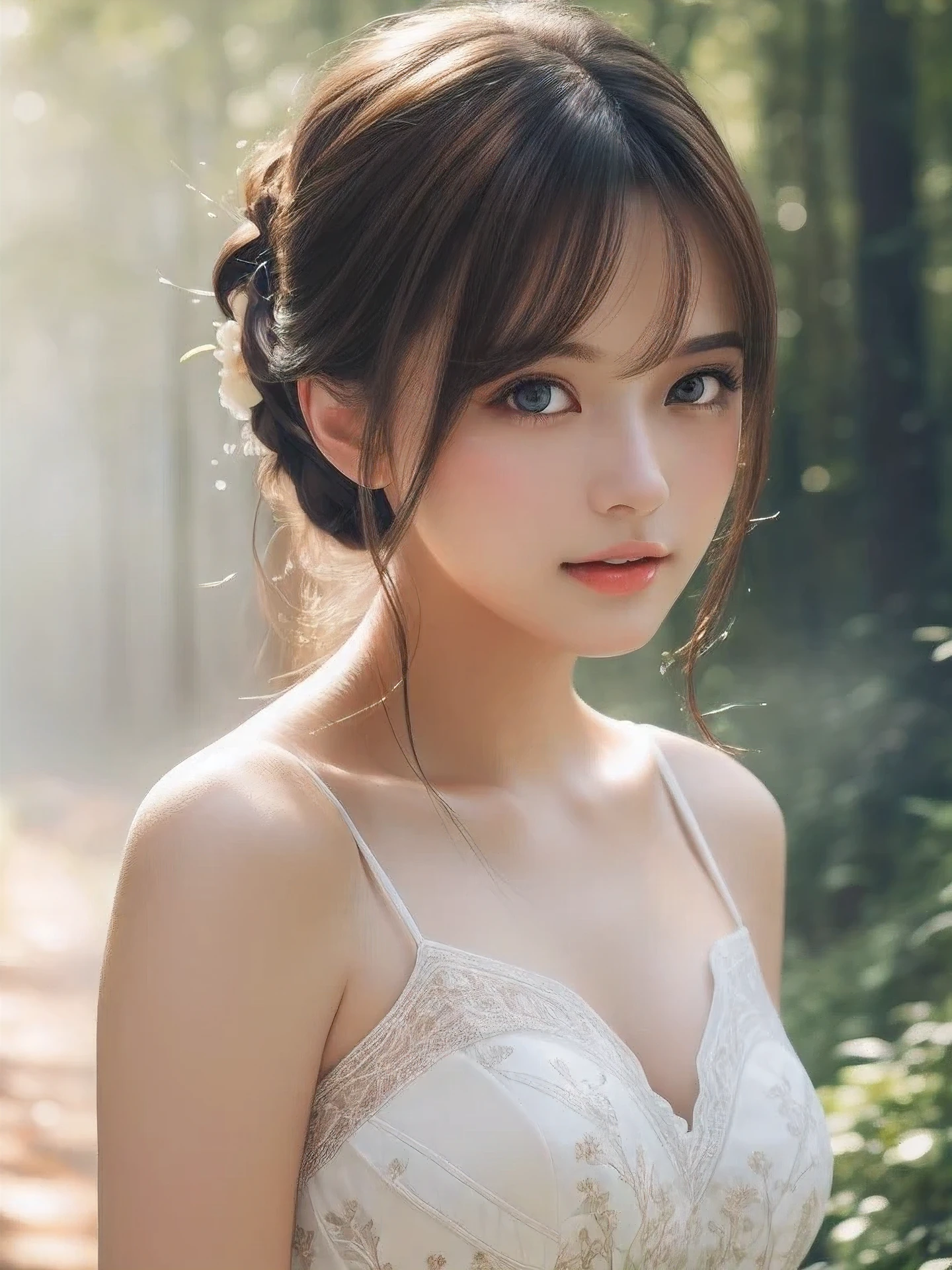 masterpiece, highest quality, High resolution, wallpaper, realistic, (bright lighting:1.4), professional lighting, face light, smooth lighting, (shoot from front:1.8), 1 girl, closeup-face, cute, sleepy, open mouth to say something, shy, Beautiful girl, sexy, super beautiful, beautiful skin, beautiful and detailed eyes、detailed face、slim、moderately, half updo, brunette colored hair, brown eyes, Professional Photography, Bokeh, Portrait, The morning sunlight shines through the misty forest path. white Summer Dresses,