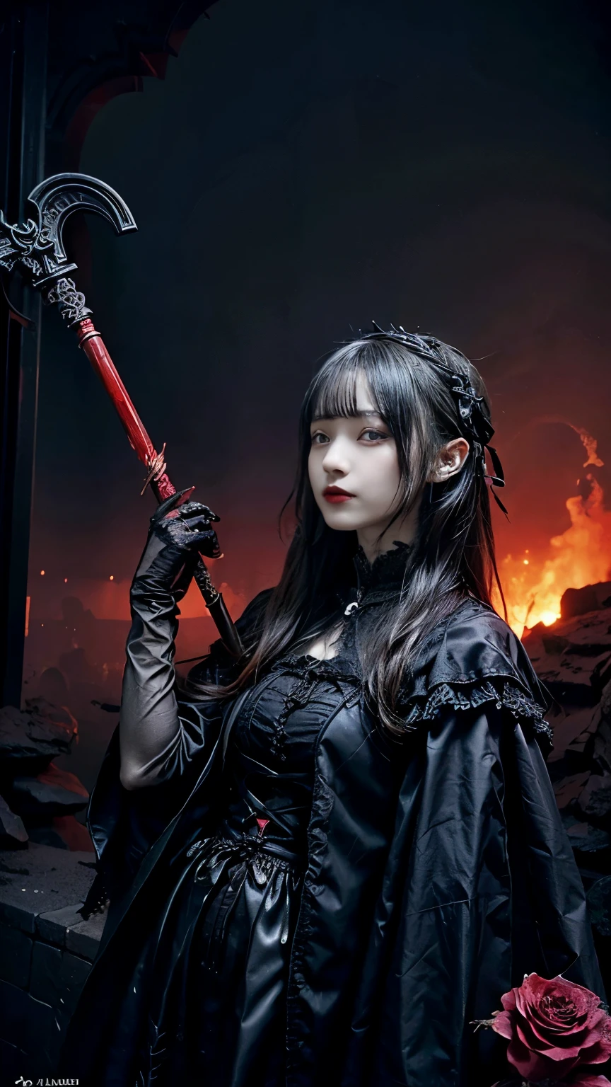 (Messenger from hell:1.4),Grim Cut with a giant scythe,View from below,hell,magma,inflammation,(紫色inflammation:1.3),There is fresh Blood on the ground,Blood pool,dripping Blood,Gothic aesthetics,One、Rose、city、cross、Blood、Grave地, wait...,这些元素体现了Gothic style的神秘感、Hall々And、Deep functionality。Gothic style,Gothic style,With the theme,Cape、象征浪漫的Rose、Grave、Cut、Remains、Gothic styleの大聖Hall, wait.,Common Elements of Gothic Symbols。