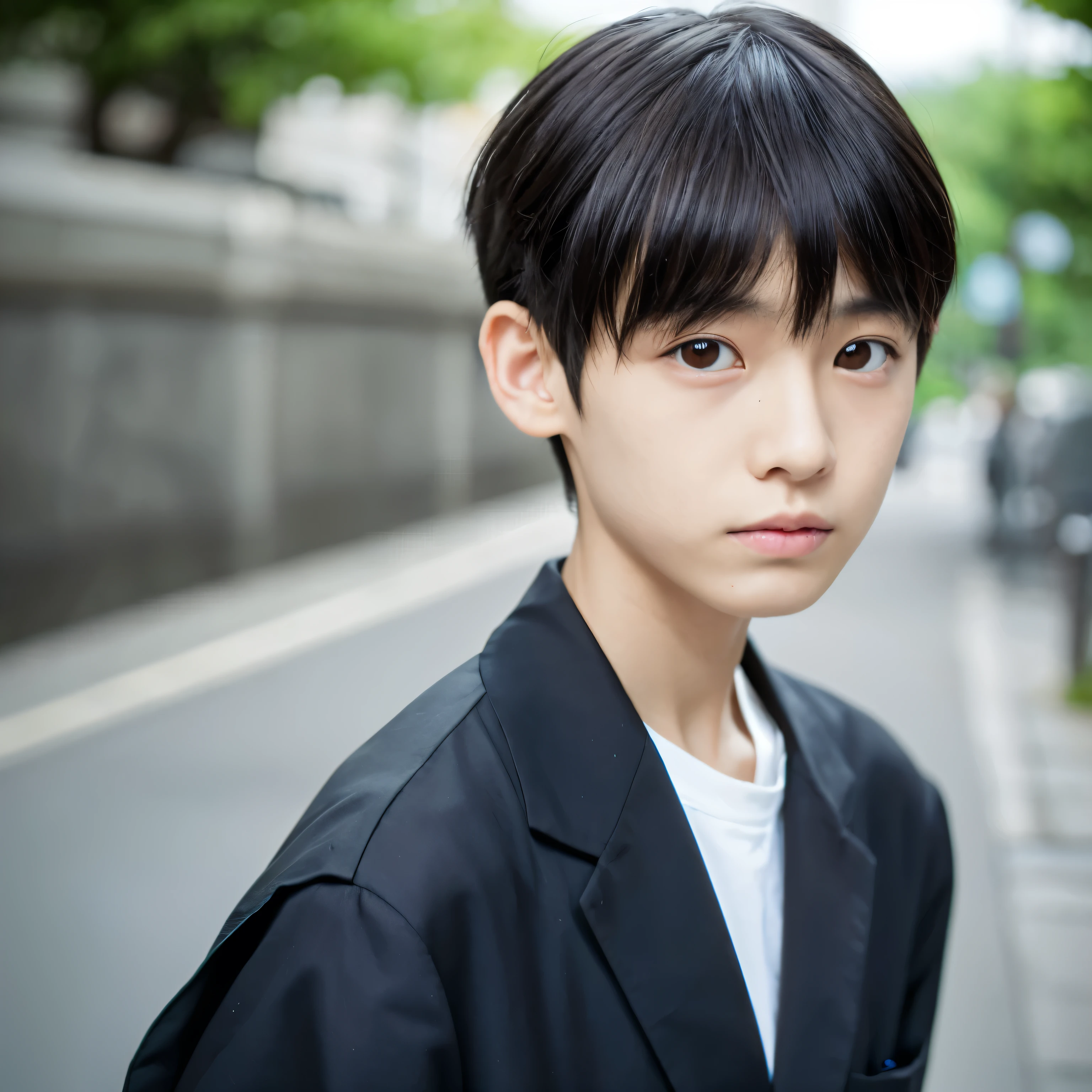Japanese boy, 13 years old, round eyes, thin lips, white skin, skinny, dark hair with bangs, too big t-shirt with dirt and worn, pale face