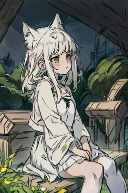 A white haired woman with green eyes with white wolf ears and a white wolf tail in a cute summer dress is sitting on a bench with a blush on her cheeks in the garden