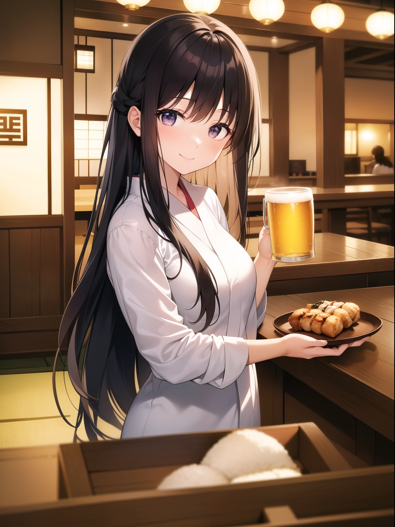 At a Japanese izakaya、A woman drinking beer at a table with plates of yakitori。Woman wearing a white shirt、Smiling and holding a beer mug。In the background is a Japanese izakaya counter and rows of wooden chairs.、There is a warm atmosphere。