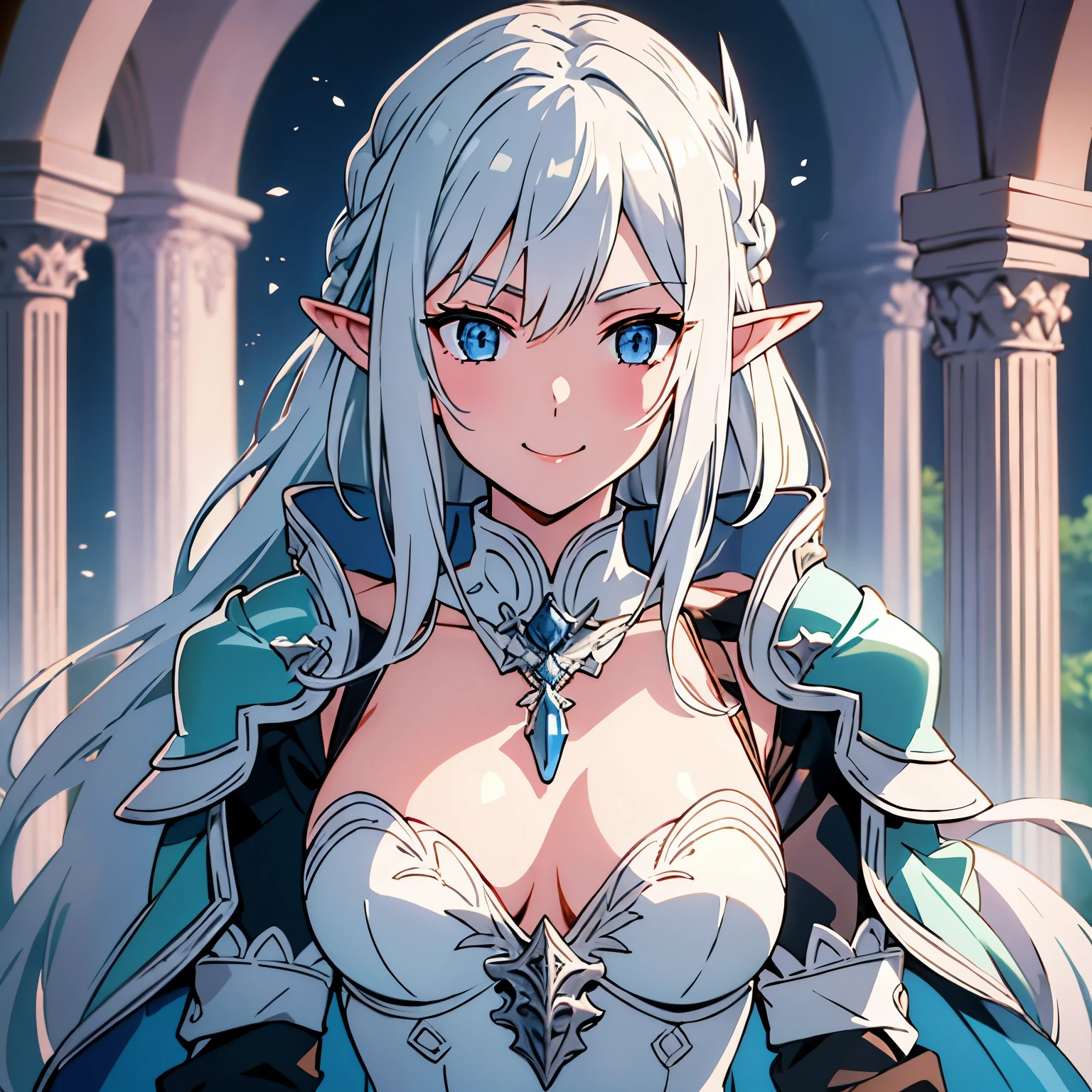 castle, medieval background, smile, Smiling, solo, 1girl, soft smile, slender figure, slim, young girl, short height, full cheeks, skinny, short height, Sexy, Beautiful composition, beatiful face, handsome body (Body Full 1.1.), Beautiful figure, in full height (Body Full 1.1.), closed mouth, Digital Art, sexypose, small-sized breasts, High Elf Knight(Body Full 1.1) elf, (Dark Blue eyes:1.5), white hair, long hair, braid on hair, silver hair, Knight, Beautiful figure, beautiful breasts, (Fullness of the body.1,1) silver hair, Hair between the eyes, hairlong, straight hair, pointed ears, long ears, side locks, bangs, Asymmetrical Clothing, elf, (Masterpiece:1.2), Best Quality, High Resolution, Unity 8k Wallpaper, (illustration:0.8), (beautiful detail eyes:1.6), extremely detailed face, perfect lighting, extremely detailed CGI, (perfect arms, perfect anatomy), epic composition, plate armor, knight armor, full armor, silver gold armor, spear in hand, hair braid on head, braid, tress, tress on head, golden spear, looking at viewer, necklace, cleavage