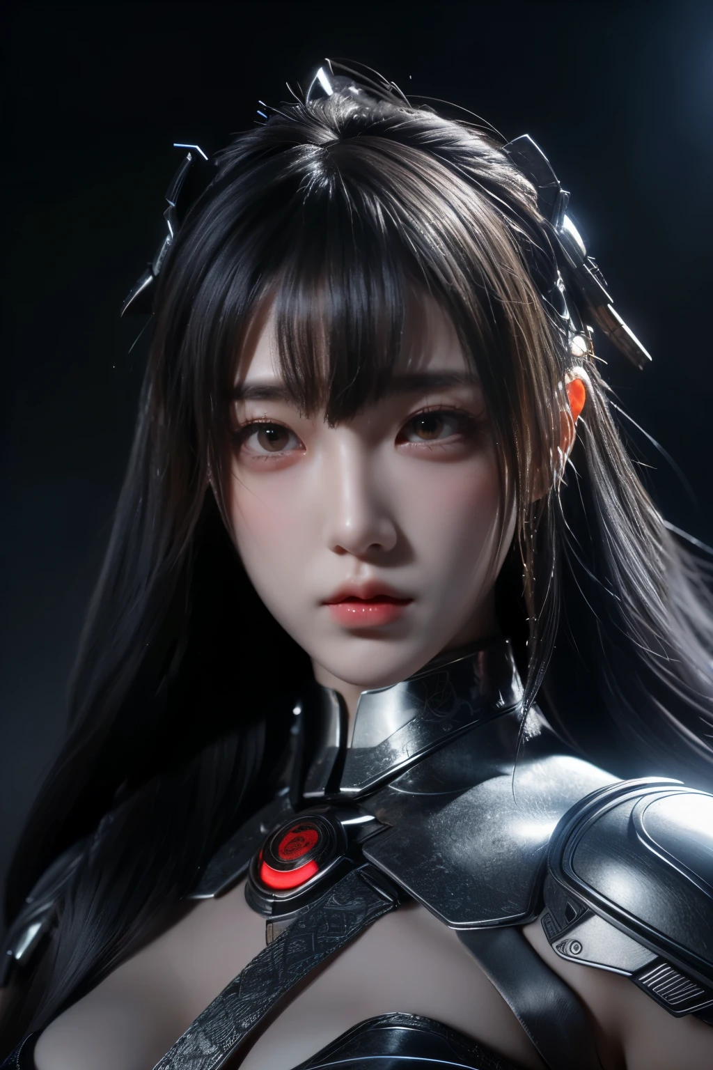 Masterpiece,Game art,The best picture quality,Highest resolution,8K,(Portrait),Unreal Engine 5 rendering works,(Digital Photography),((Portrait Feature:1.5)),
20 year old girl,Short hair details,With long bangs,(The red eye makeup is very meticulous),(With long gray hair:1.4),(Large, full breasts),Elegant and noble,Brave and charming,
(Future armor combined with the characteristics of ancient Chinese armor,Hollow design,Power Armor,The mysterious Eastern runes,A delicate dress pattern,A flash of magic),Warrior of the future,Cyberpunk figures,Background of war,
Movie lights,Ray tracing,Game CG,((3D Unreal Engine)),OC rendering reflection pattern