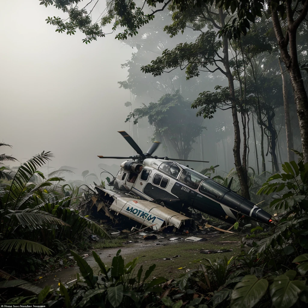 an image of only one helicopter crashed in a foggy jungle, with increasing levels of damage and severity, ultimately resulting in a fatal crash with no survivors