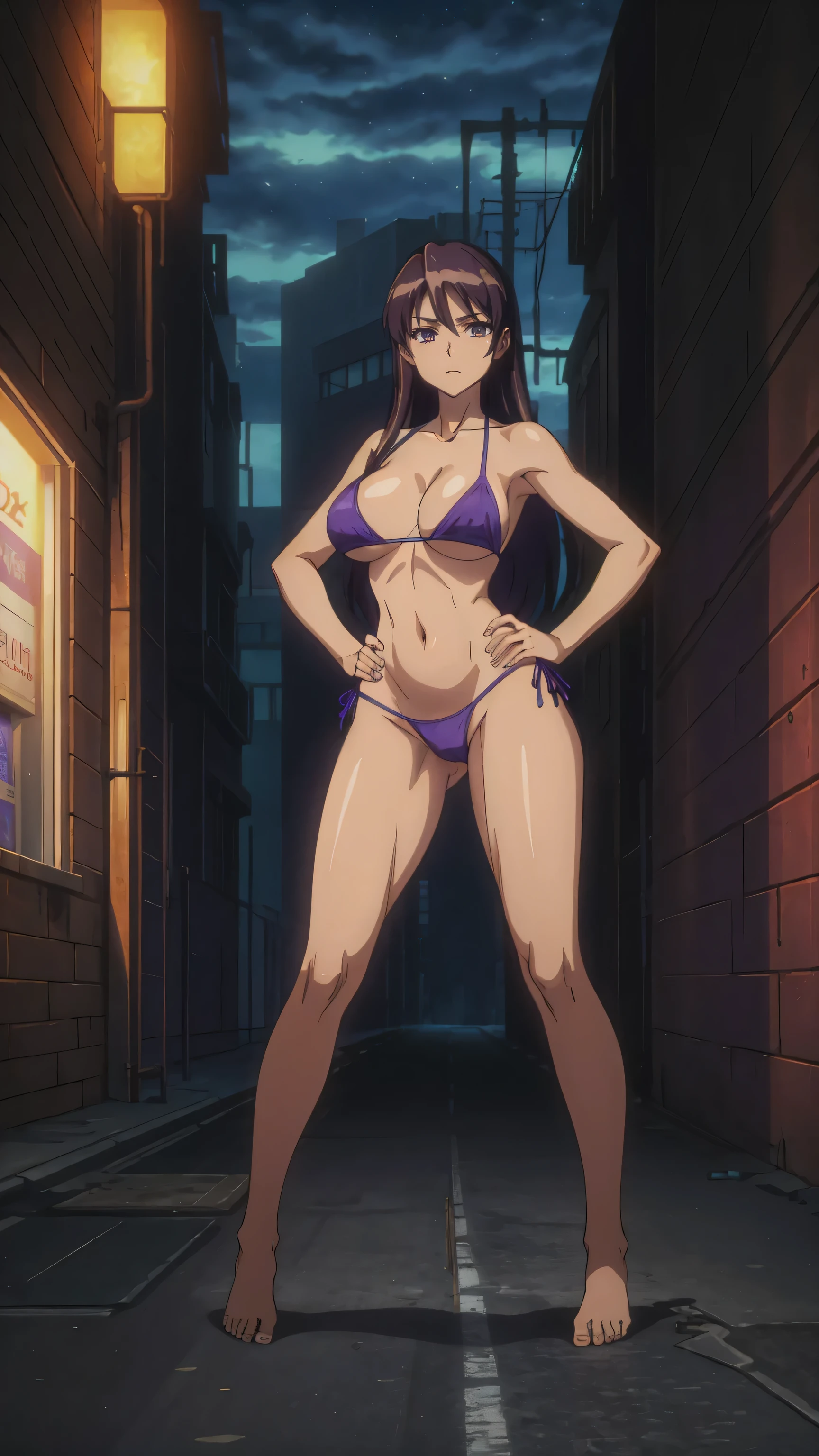 Masterpiece, best quality, Masterpiece, best quality, 1 woman, Long dark hair , purple bikini , , abdomen , Long legs , Put your hands on your hips.. , Barefoot , full body , abandoned factory , at night
