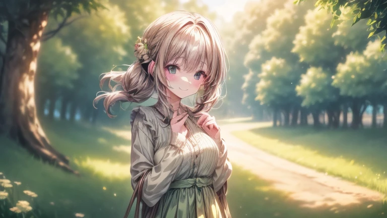 Beautiful and happy anime girl, listening to music in a grass and trees and the background that is blurred and that it is daytime with sun and relaxed atmosphere