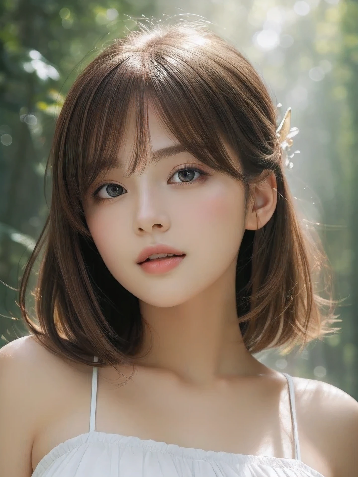 masterpiece, highest quality, High resolution, wallpaper, realistic, (bright lighting:1.4), professional lighting, face light, smooth lighting, (shoot from front:1.8), 1 girl, closeup-face, cute, sleepy, open mouth to say something, shy, Beautiful girl, sexy, super beautiful, beautiful skin, beautiful and detailed eyes、detailed face、slim、moderately, pixie cut, brunette colored hair, brown eyes, Professional Photography, Bokeh, Portrait, The morning sunlight shines through the misty forest path. white Summer Dresses,