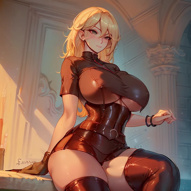 (((Masterpiece))) 1woman, 30yo, sexy and sensual, (((perfect sexy body))), (((beautiful face))), (((big tits))), wearing a short leather skirt, Two pistols on the belt ,a leather thinny t- shirt, black leather Bracelets on forearms,black leather knee-high boots, looks like an Amazon from the future, blond long hair, (((beautiful thighs))))