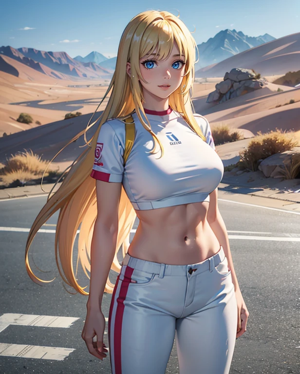 1girl, (Blue Eyes), smiling, (Sana Minatozaki), Big , big ass, (Best Quality, 8k, Masterpiece: 1.3), Clear Focus: 1.2, Perfect Body Beauty: 1.4, strong abs, Highly detailed face and skin texture, detailed eyes, double eyelids, (blonde long hair :1.2), white t-shirts, black latex pants, standing, dynamic pose, on a deserted road, cactus and desert in the background
