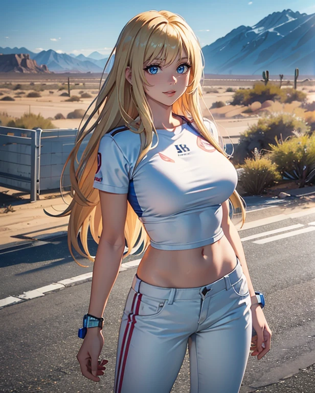 1girl, (Blue Eyes), smiling, (Sana Minatozaki), Big , big ass, (Best Quality, 8k, Masterpiece: 1.3), Clear Focus: 1.2, Perfect Body Beauty: 1.4, strong abs, Highly detailed face and skin texture, detailed eyes, double eyelids, (blonde long hair :1.2), white t-shirts, black latex pants, standing, dynamic pose, on a deserted road, cactus and desert in the background