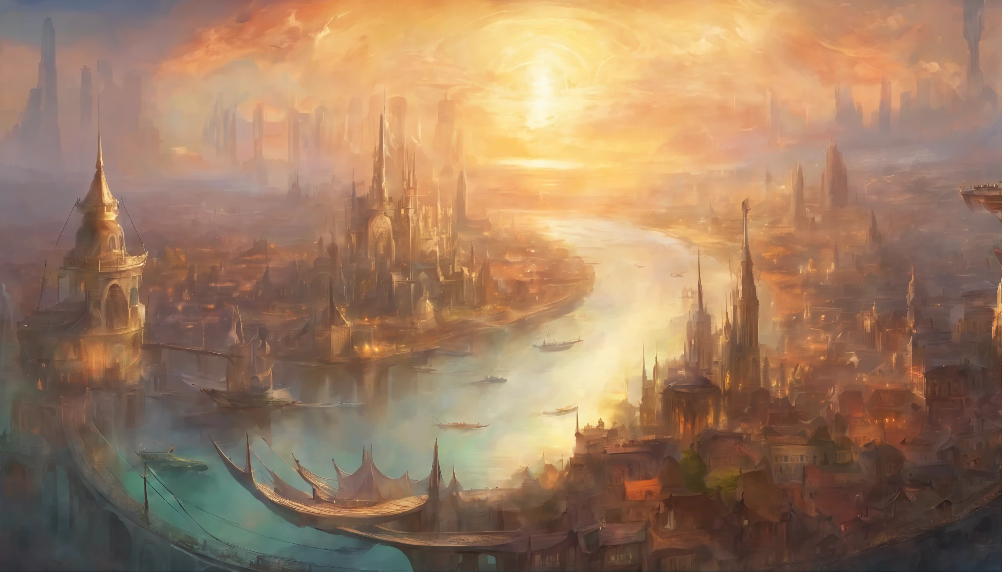 a big city, circular, surrounded by waters, bridges connecting to it,mediaval setting, big fortied,