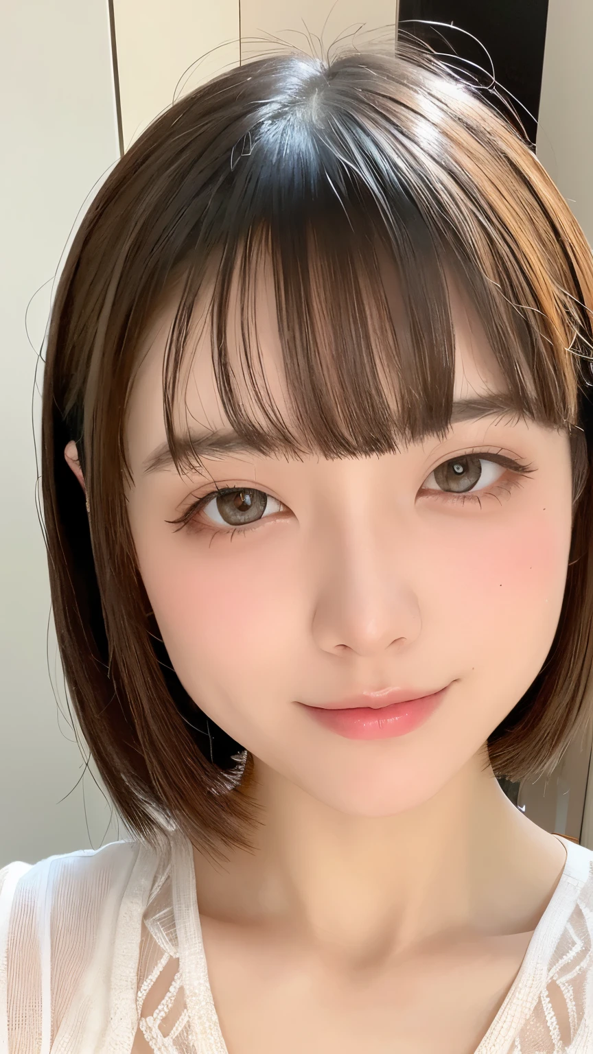 see through,Beautiful and fair、Radiant Skin, 3 Up, Gorgeous, bright, Refreshing and gentle expression, Perfect beautiful face、Beautiful shiny bangs, A very beautiful 17 year old girl, Eyeliner, Very perfect eyes,Very large breasts,Grooves reveal original skin,Muscular body,Khaki Lace Yoga Wear,Pink short hair
