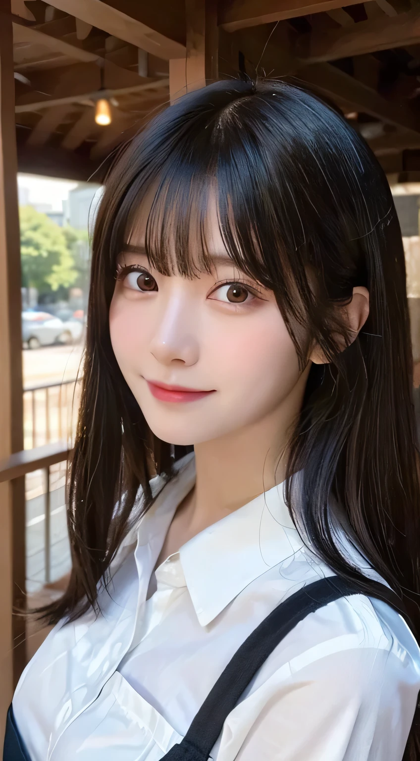 (highest quality,masterpiece:1.3,超A high resolution,),(Ultra-detailed,Caustics),(Photorealistic:1.4,RAW shooting,)Ultra-Realistic Capture,Very detailed,High resolution 16k human skin closeup。 The skin texture is natural、,Pores、It must be detailed enough to be easily identifiable.。 Skin should look healthy and have an even tone。 Use natural light and color,restaurant,Waitress Uniform,1 girl,Japanese,18-year-old,cute,Black-haired,Mid-length hair,Large Breasts,smile,Turn your body forward,(View from the front:1.1),Looking into the camera,Cowboy Shot,sight,focused on the chest,close