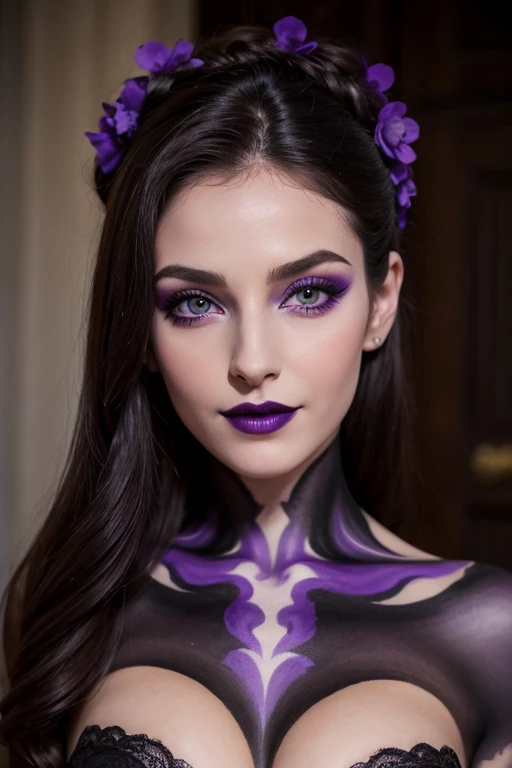 Jeune femme de 25 ans, visage fin, cheveux long, yeux marrons, HD, 8K, masterpiece, sourire romantique, sexy, mascara noir, maquillage noir, black lips, tenue gothique, vêtements noirs et violets, toile d'araignée en dentelle, cheveux noirs et violets, bodypainting, purple paint, dracula, nude, full purple and black bodypainting
