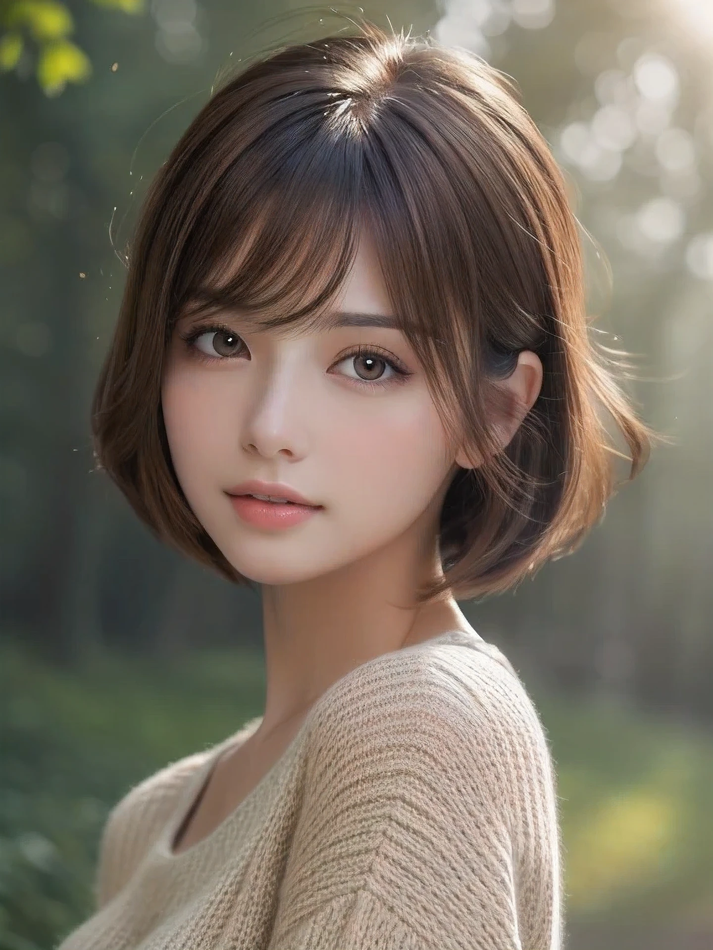 masterpiece, highest quality, High resolution, wallpaper, realistic, (bright lighting:1.4), professional lighting, face light, smooth lighting, (shoot from front:1.8), 1 girl, closeup-face, cute, sleepy, open mouth to say something, shy, Beautiful girl, sexy, super beautiful, beautiful skin, beautiful and detailed eyes、detailed face、slim、moderately, pixie cut, brunette colored hair, brown eyes, Professional Photography, Bokeh, Portrait, The morning sunlight shines through the misty forest path. sweater,