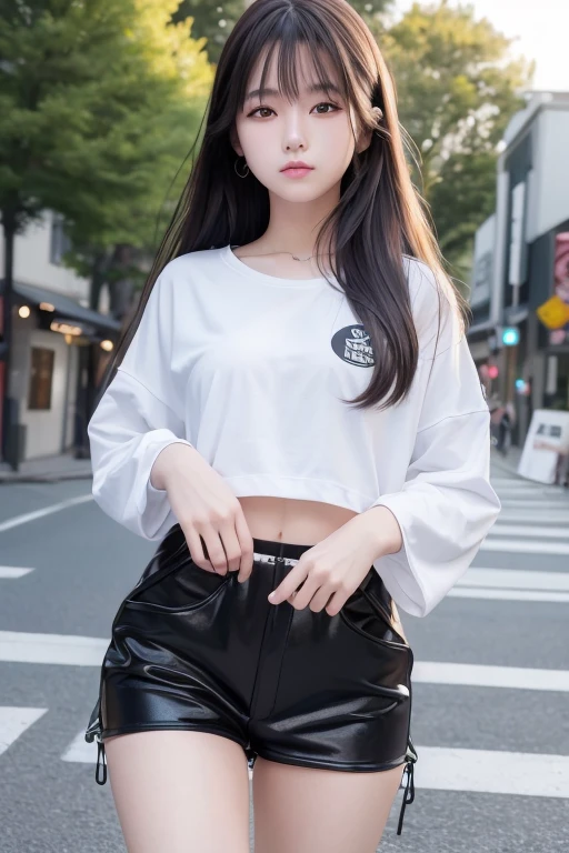 Ultra high definition、High resolution、8k、Raw photo、1 beautiful teenage Japanese woman、Big beautiful eyeedium chest、Black semi-long hair、(Sporty fashion:1.4), walking, (cowboy shot:1.2), nice angle, nice posture, (outdoor, town street)