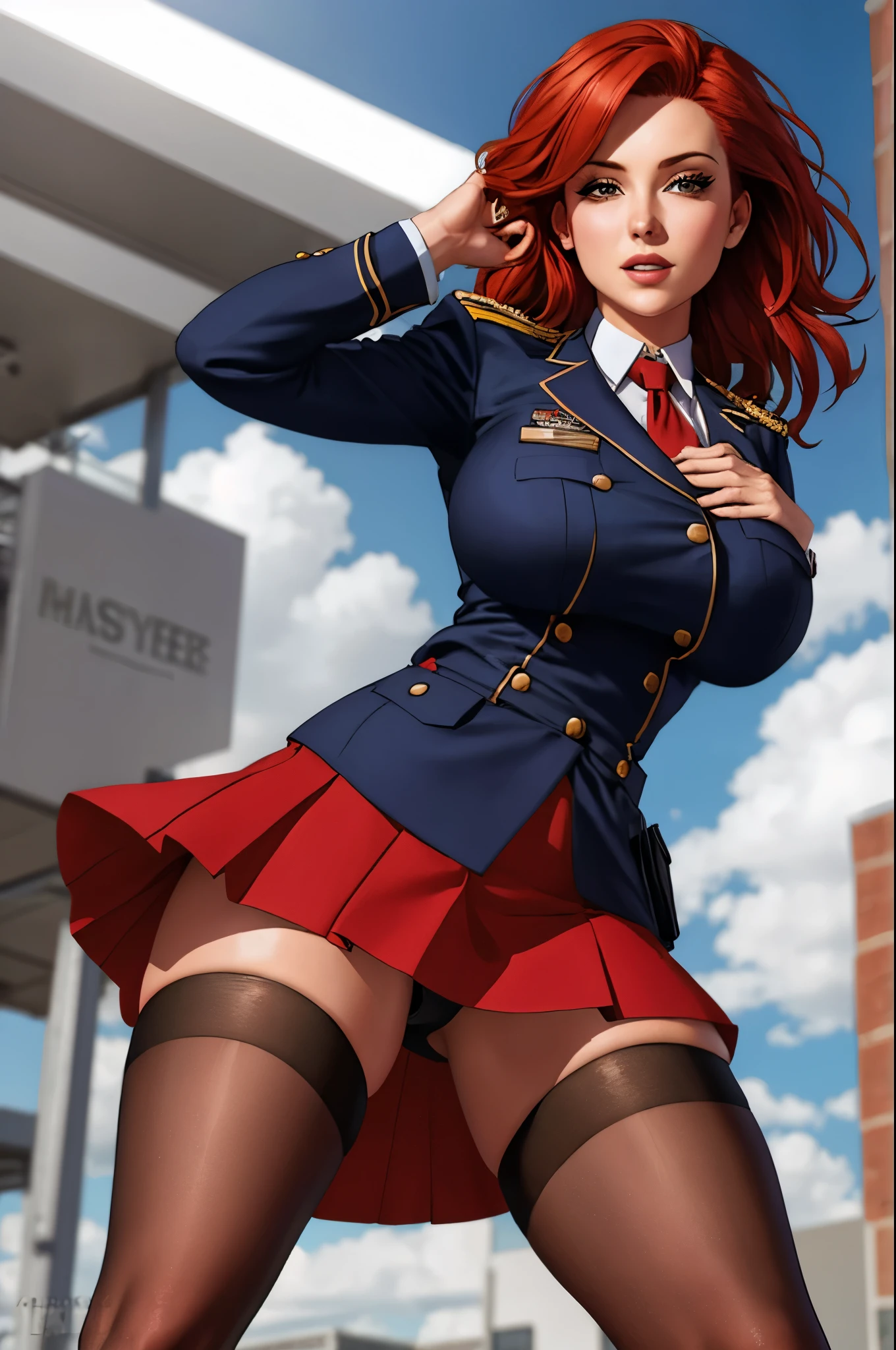 Busty cop, sexy uniform. realistic, red hair, short skirt, stockings, upskirt, vivid colours