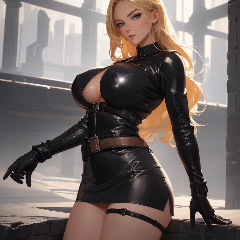 (((Masterpiece))) 1woman, 30yo, sexy and sensual, (((perfect sexy body))), (((beautiful face))), (((big esposed tits))), wearing a short leather skirt, Two pistols on the belt ,a leather thinny t- shirt, black leather Bracelets on forearms,black leather knee-high boots, looks like an Amazon from the future, blond long hair, (((beautiful thighs))))