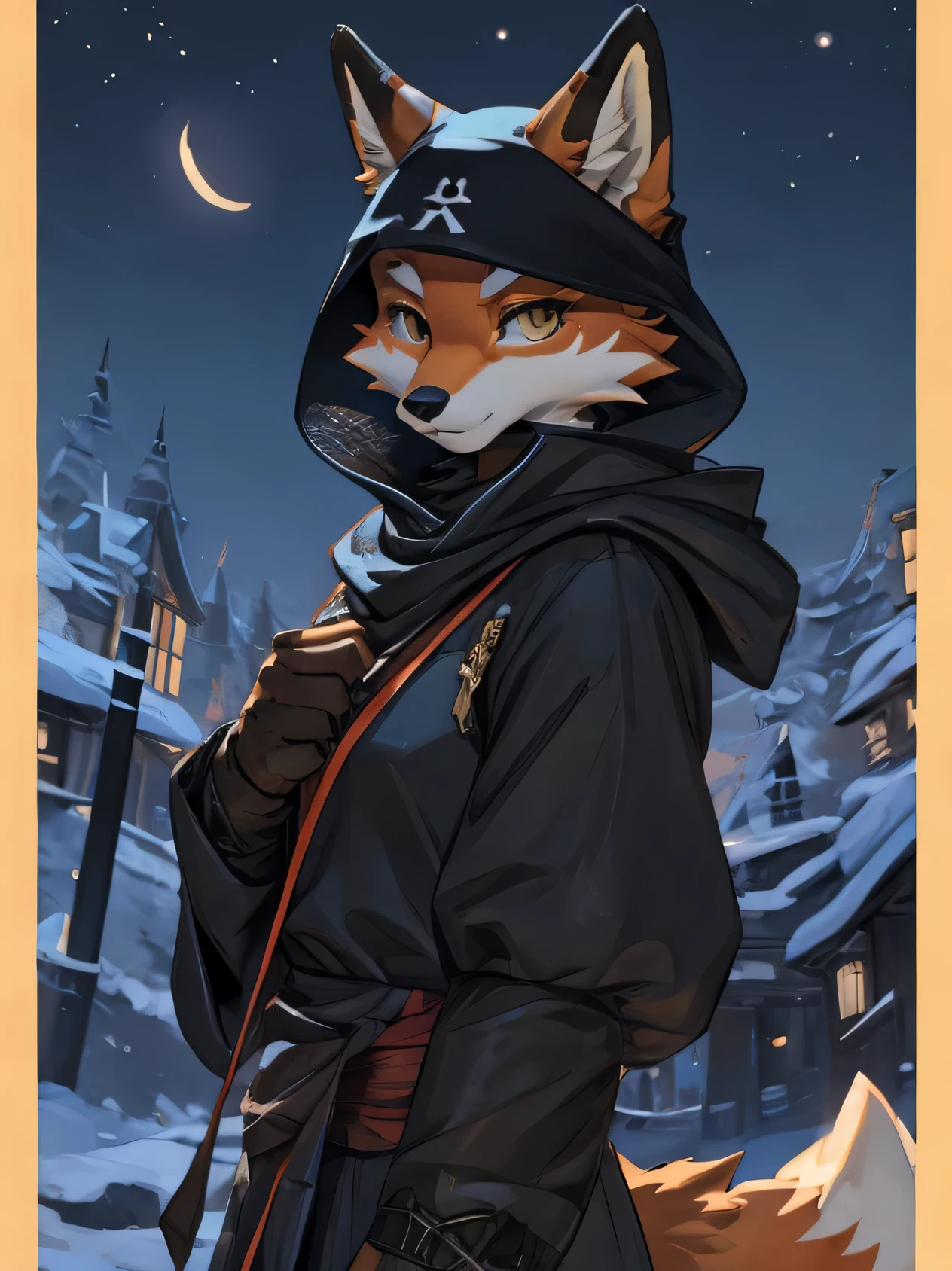 ((Best quality)), ((masterpiece)), (detailed), orange fox, female, in black clothes, ninja, in black vigilante eye mask, alone, night, cute, not sexual