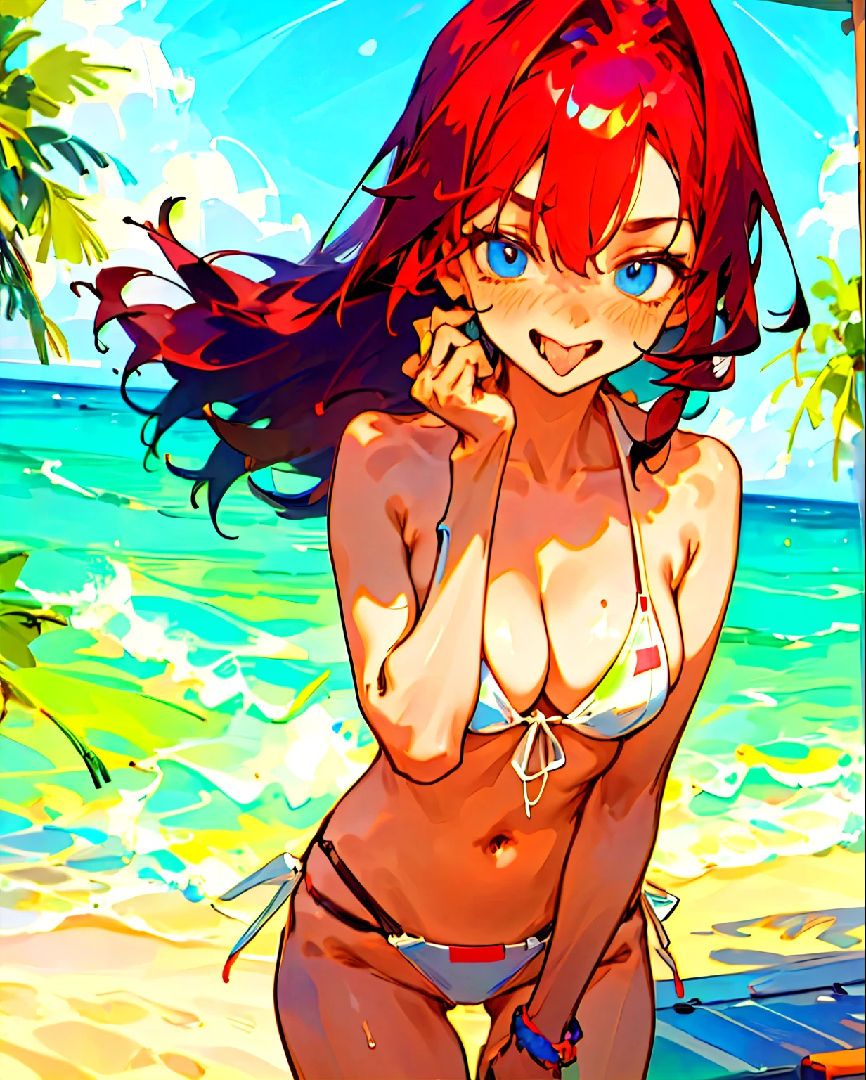 anime girl, best quality, super HD, bikini, on beach, tongue out, highest quality, beautiful face, clean, smooth, perfect face, perfect hands