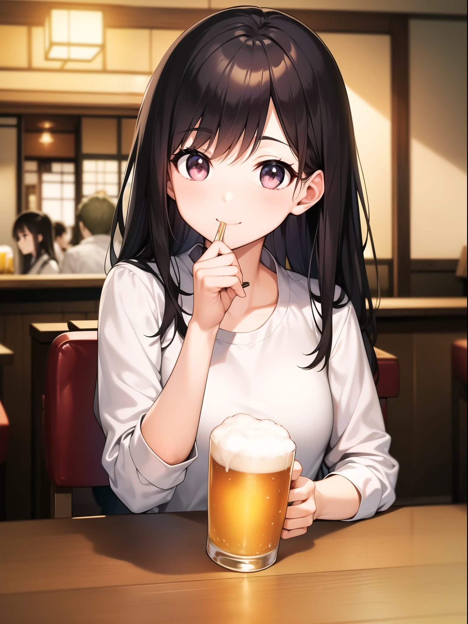 At a Japanese izakaya、A woman drinking beer at a table with plates of yakitori。Woman wearing a white shirt、Smiling and holding a beer mug。In the background is a Japanese izakaya counter and rows of wooden chairs.、There is a warm atmosphere。