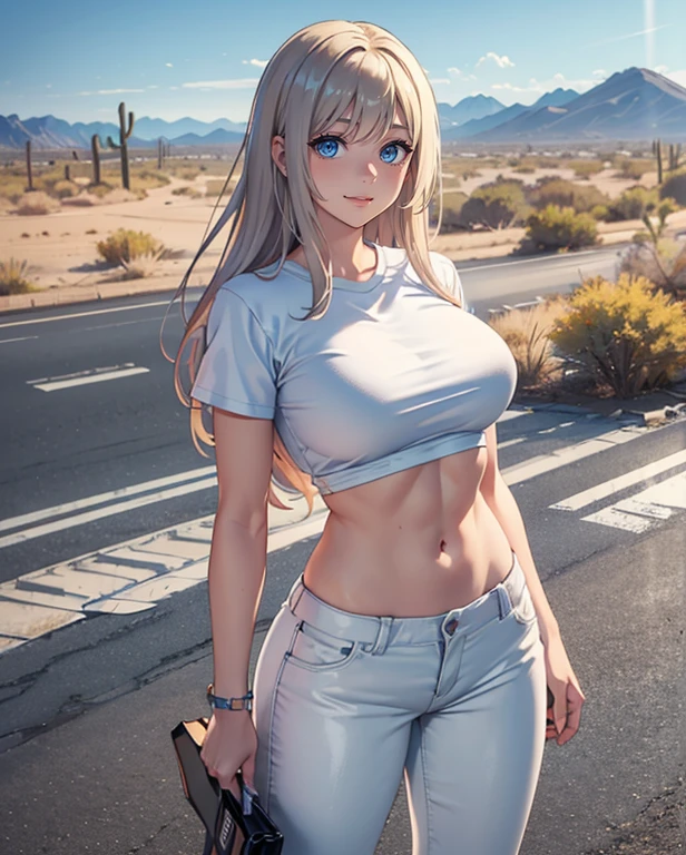 1girl, (Blue Eyes), smiling, (Sana Minatozaki), Big , big ass, (Best Quality, 8k, Masterpiece: 1.3), Clear Focus: 1.2, Perfect Body Beauty: 1.4, strong abs, Highly detailed face and skin texture, detailed eyes, double eyelids, (Black long hair :1.2), white t-shirts, black latex pants, standing, dynamic pose, on a deserted road, cactus and desert in the background