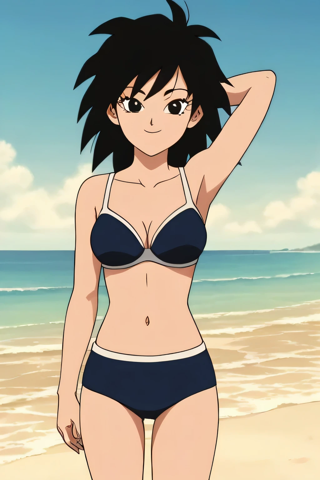 source_anime, score_9,score_8_up, score_7_up, ginedb, anime screencap, 1girl, solo, looking at viewer, smile, medium breasts, black hair, beach, ocean, bare shoulders, medium breasts, smile, standing, right arm behind head, left hand touching her stomach, cowboy shot, medium hair, black eyes, spiked hair, eyelashes, masterpiece, best quality, very aesthetic, absurdres, black bikins, black bra, black panty, midriff, blue skies, street, standing, cowboy shot,