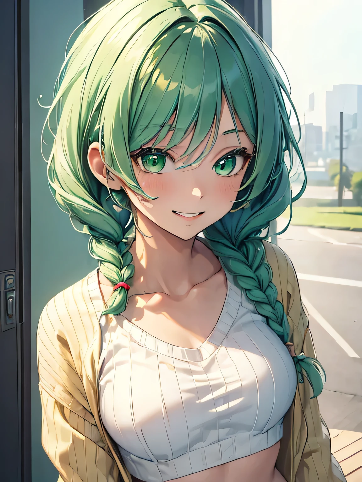 (masterpiece, best quality:1.4), 8k, Close Up, Light Pastel Green Hair, Short braided Hair, Young adult, anime girl, Smiling, Happy, light Green Eyes, Medium Chest, White Crop top, Beige Sweater (detailed eyes and face, sharp pupils, realistic pupils:0.6)