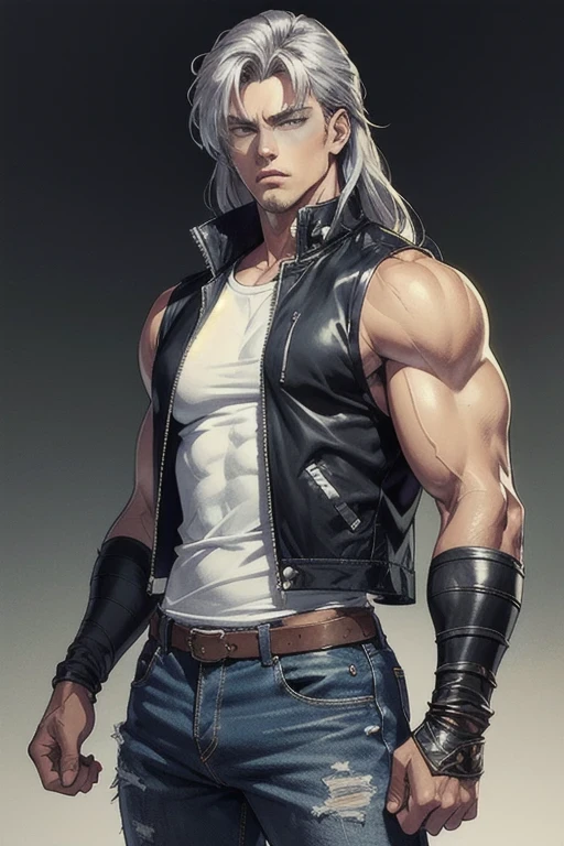 best quality,masterpiece,highly detailed,ultra-detailed,(Gauntlets),shoulder metal protection, sleeveless jeans ripped jacket white t-shirt underneath, 90's manga,male focus,1boy,solo,silver long hair,muscular,looking at viewer, post athomic background, rei, nanto, fist of the north star, manga, perfect eyes, 