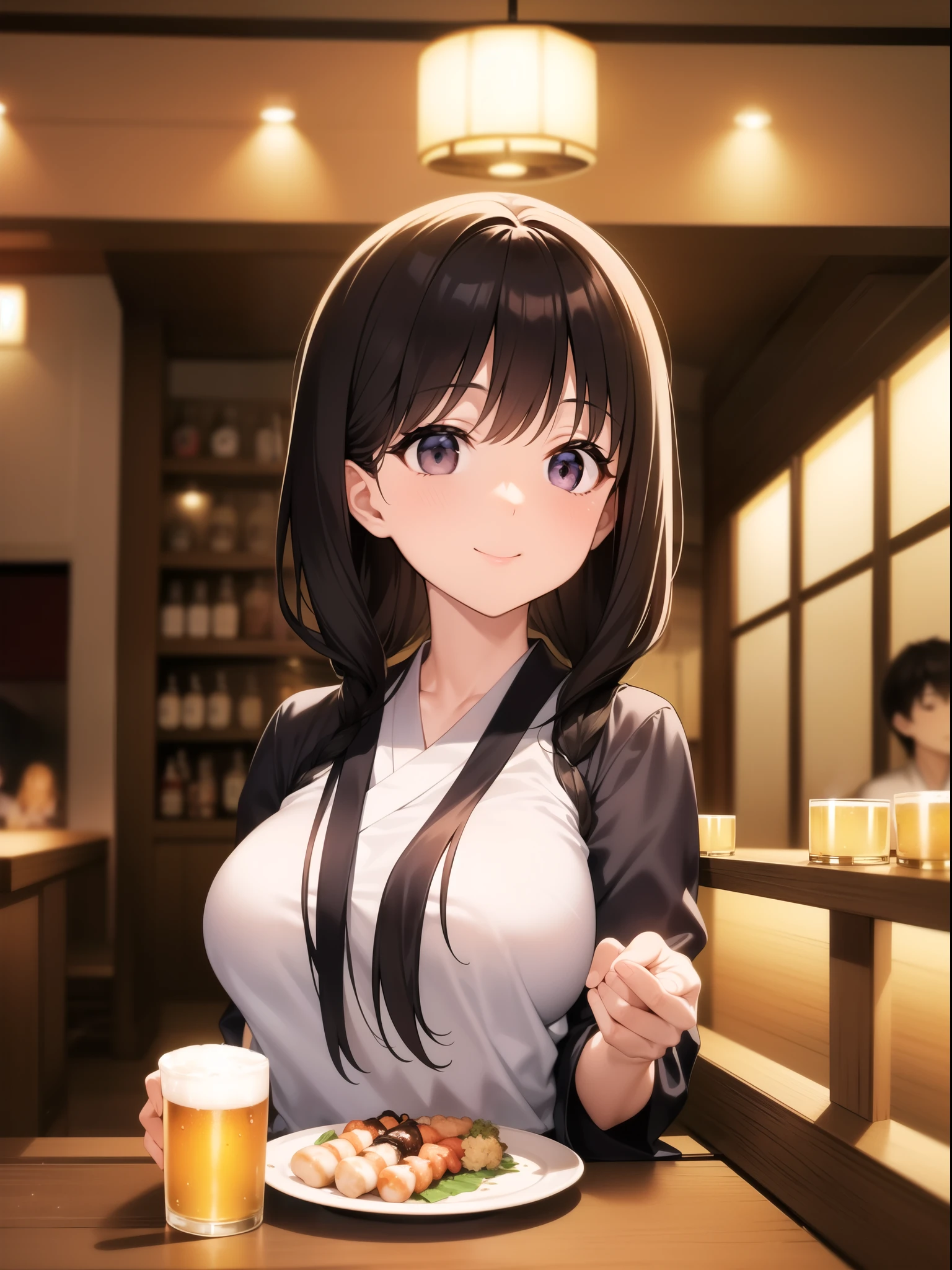At a Japanese izakaya、A woman drinking beer at a table with plates of yakitori。Woman wearing a white shirt、Smiling and holding a beer mug。In the background is a Japanese izakaya counter and rows of wooden chairs.、There is a warm atmosphere。