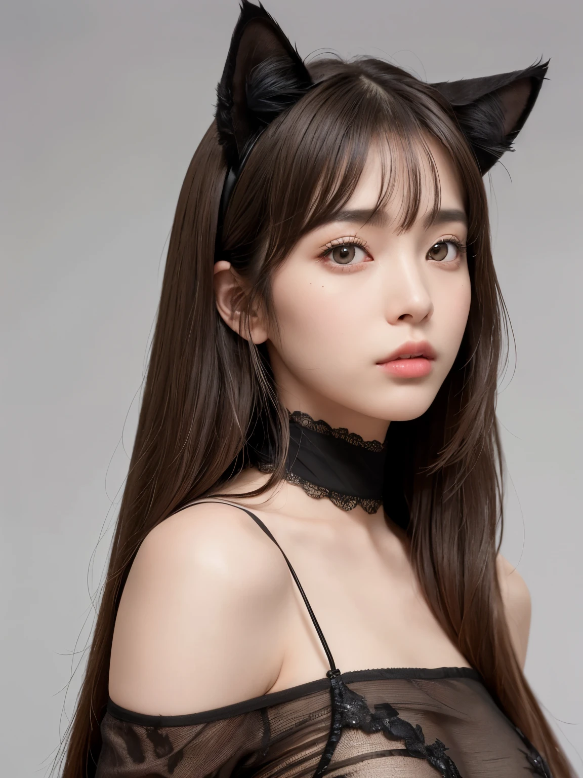white background, half body portrait, bust shot, looks happy, smile, one girl, (a beauty girl, delicate girl:1.3), (20 years old:1.3), break, (black cat costume), break, very fine eyes, (symmetrical eyes:1.3), break, small breasts, brown eyes, parted bangs, brown hair, (eyes and faces with detailed:1.0), break, (masterpiece, best quality, ultra detailed, detailed face, 8k)