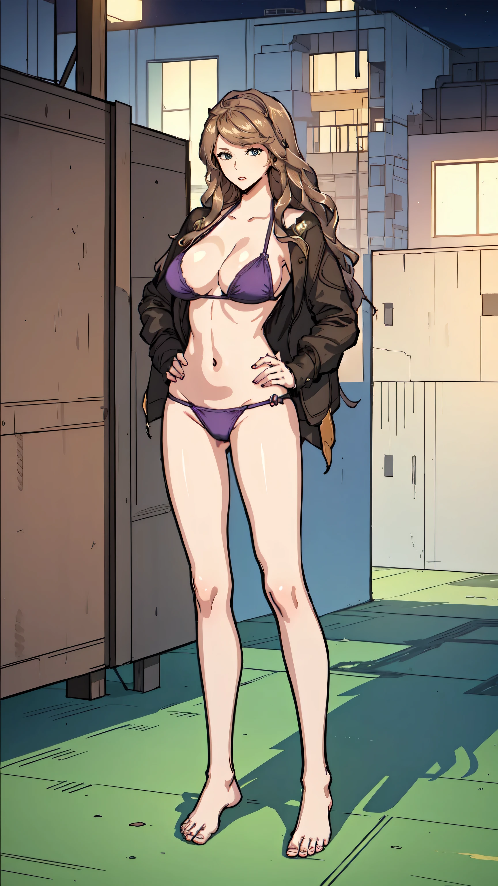Masterpiece, best quality, Masterpiece, best quality, 1 woman, long brown hair , sly face , purple bikini , big breasts , abdomen , Long legs , Put your hands on your hips... , Barefoot , full body , abandoned factory , at night
