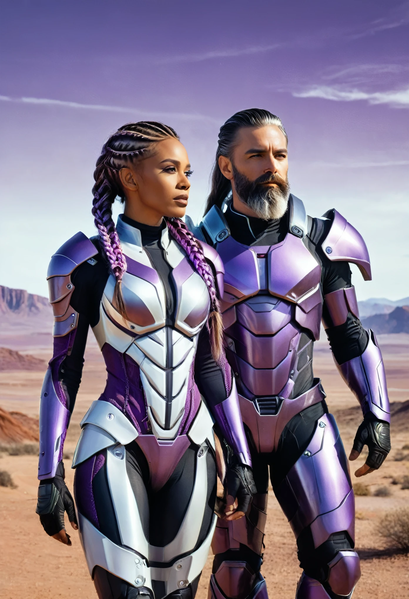 (((Double portrait))), A stunningly realistic depiction of a couple, 1Women, 36 years old, ((long braided hairs)), ((purple white gradient hairs)), wearing futuristic full body cybernetic armor, 1Man, 36 years old, wearing futuristic rusty armor, Perfect beard on Man's face, Both are standing on a desolate alien landscape, 