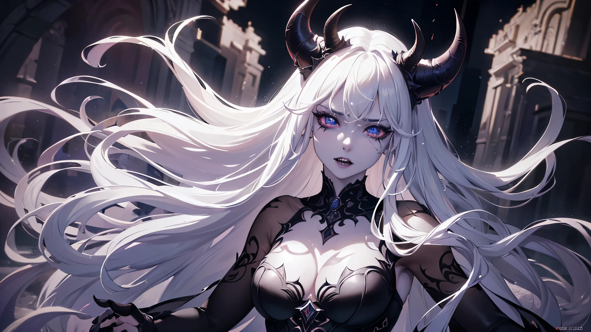 1 demon girl, beautiful, horns, night, intricate detailed face, porcelain skin, flowing hair, sharp teeth, piercing eyes, long detailed nails, dark fantasy, cinematic lighting, moody atmosphere, dramatic shadows, vibrant colors, (best quality,4k,8k,highres,masterpiece:1.2),ultra-detailed,(realistic,photorealistic,photo-realistic:1.37)