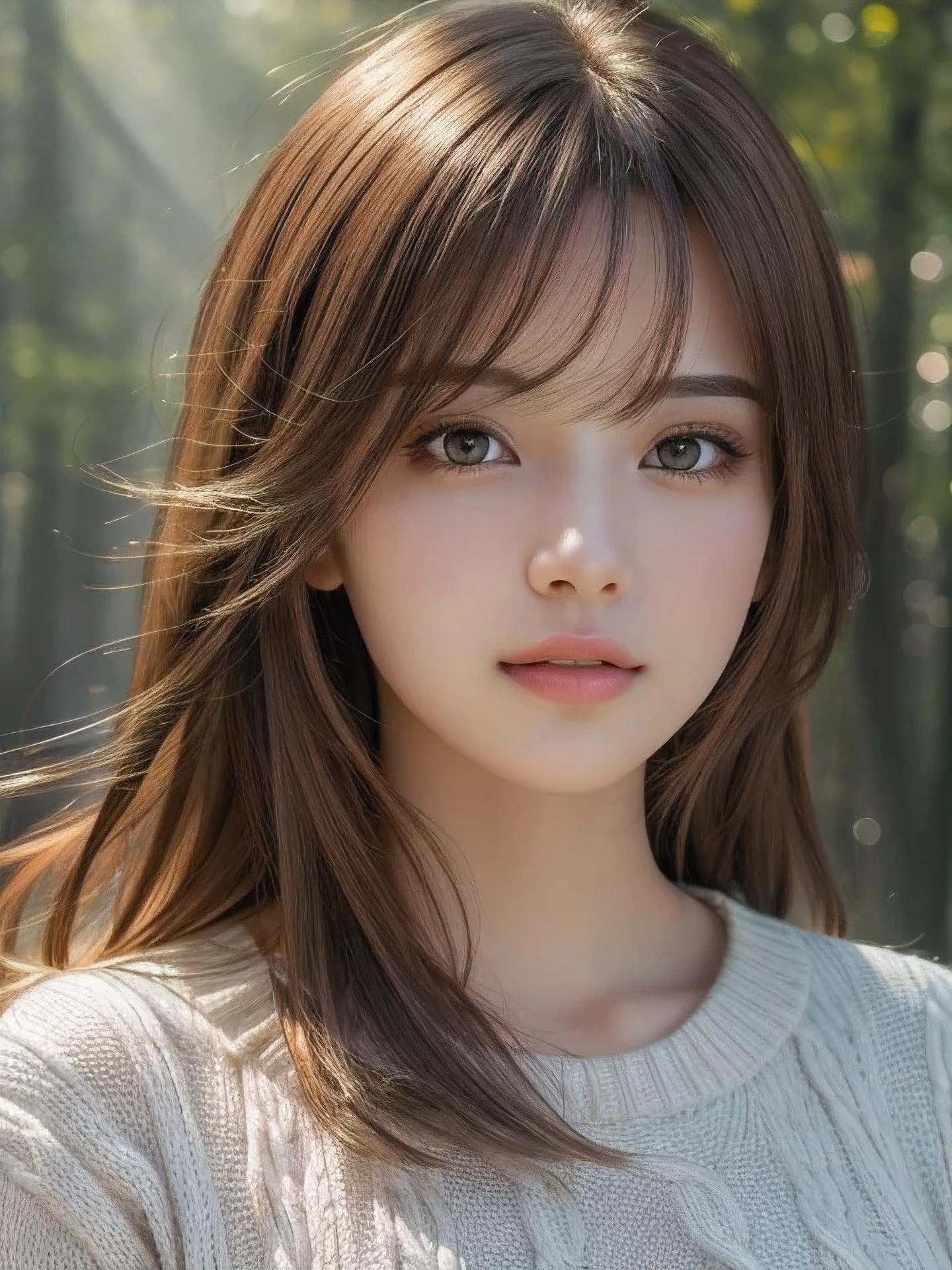 masterpiece, highest quality, High resolution, wallpaper, realistic, (bright lighting:1.4), professional lighting, face light, smooth lighting, (shoot from front:1.8), 1 girl, closeup-face, cute, sleepy, open mouth to say something, shy, Beautiful girl, sexy, super beautiful, beautiful skin, beautiful and detailed eyes、detailed face、slim、moderately, medium hair, brunette colored hair, brown eyes, Professional Photography, Bokeh, Portrait, The morning sunlight shines through the misty forest path. sweater,
