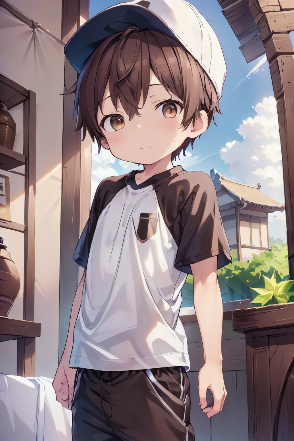 1boy, aoi, brown hair, masterpiece, ultra detail, male focus, soccer shirt, brown baseball cap, brown eyes
 