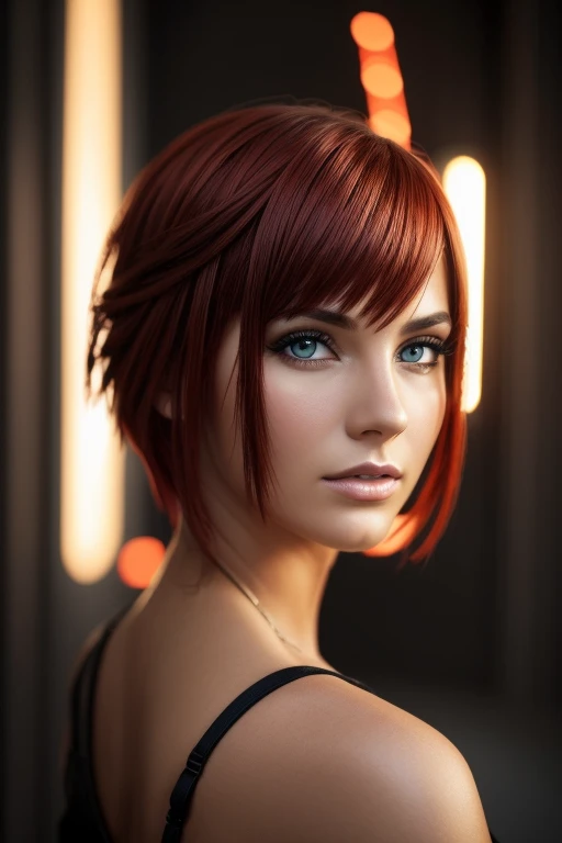 (best quality, highres:1.2, ultra-detailed, realistic:1.37), beautiful detailed eyes, fiery red short hair, braided, gazes at the viewer, cinematic pose, dramatic shadows, intense expression, vibrant colors