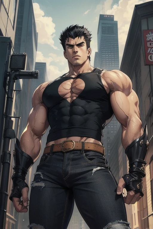 best quality,masterpiece,highly detailed,ultra-detailed,(Gauntlets),1 shoulder armor, metal protection, sleeveless black jeans ripped black jacket red t-shirt underneath, 90's manga,male focus,1boy,solo,black hair,muscular,looking at viewer, post athomic background, kenshiro, hokuto no ken, fist of the north star, manga, perfect eyes, arms crossed, shot from below, proud eyeshot,