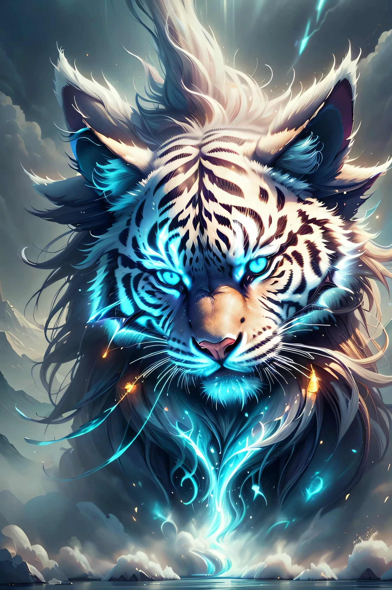 detailed fur on animals, vibrant and realistic colors, surreal landscape, ethereal atmosphere, mystical setting, magical sunlight, dreamlike reflections of water, dynamic composition, enchanting scene, intense and captivating emotions, intricate and fascinating details, shots of soft brush on canvas, harmonious color palette, striking contrast between light and dark, mythical creatures, powerful and majestic presence, deep connection, white tiger, enigmatic and thought-provoking story. if necessary to emphasize certain aspects of the prompt.