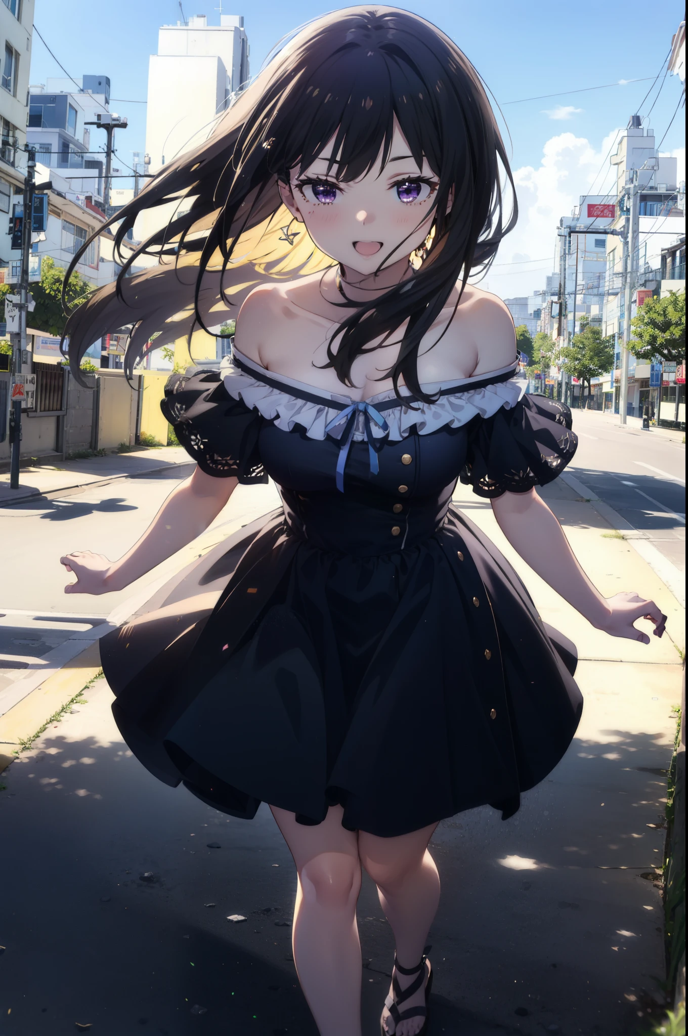 Takiuchi, Check it out, Long Hair, bangs, Black Hair, (Purple eyes:1.2),happy smile, smile, Open your mouth,Off-the-shoulder blue dress,Expose your shoulders,bare clavicle,Bare neck,Bare arms,blue long skirt,Cute heeled sandals,Real Summer,Daytime,sunny,My hair is blowing in the wind,whole bodyがイラストに入るように,Looking down from above,
break outdoors, city,海岸通り
break looking at viewer, whole body,
break (masterpiece:1.2), highest quality, High resolution, unity 8k wallpaper, (shape:0.8), (Beautiful details:1.6), Highly detailed face, Perfect lighting, Extremely detailed CG, (Perfect hands, Perfect Anatomy),
