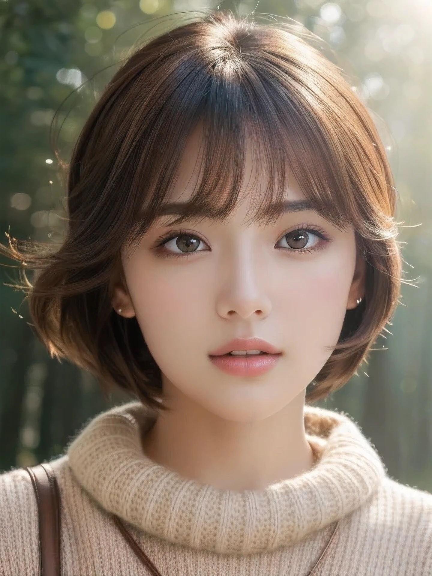 masterpiece, highest quality, High resolution, wallpaper, realistic, (bright lighting:1.4), professional lighting, face light, smooth lighting, (shoot from front:1.8), 1 girl, closeup-face, cute, sleepy, open mouth to say something, shy, Beautiful girl, sexy, super beautiful, beautiful skin, beautiful and detailed eyes、detailed face、slim、moderately, medium hair, brunette colored hair, brown eyes, Professional Photography, Bokeh, Portrait, The morning sunlight shines through the misty forest path. sweater,