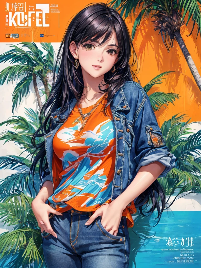 Orange and indigo keynotes, Vibrant colors, ((​masterpiece))), (((top-quality))), ((ultra-detailliert)), (A hyper-realistic), (highly detailed CGillustration), Official art, CD cover, urbane, City Pop, Palm trees, seaside, Long Black Hair, It will be Cool feeling, Mid summer, Stylish, glorious 1980s, Cool Beauty, cochetti gorgeous, matchless beauty, jaket, jeans, Female Solo, Perfect Angle, perfect-composition, Face close-up