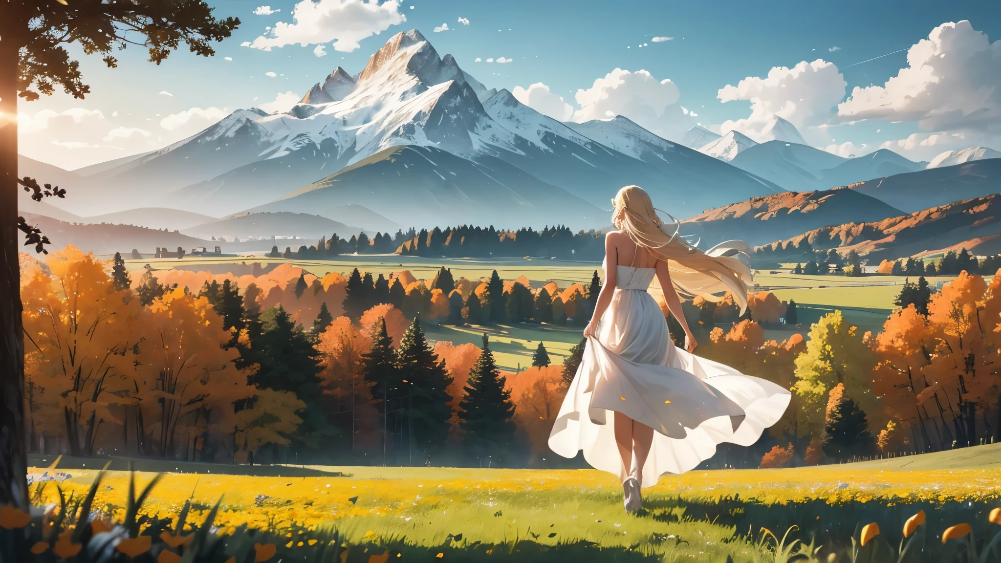 A blonde woman with long hair stands on a meadow full of flowers., Long hair fluttering in the wind, Wearing a white sleeveless dress，Skirt fluttering in the wind, 
The expression is firm, She looked toward the distant mountains.
(Rest behind her), An orange-red maple forest stretches into the distance, Leaves dancing in the wind, Mountains rise in the distance.