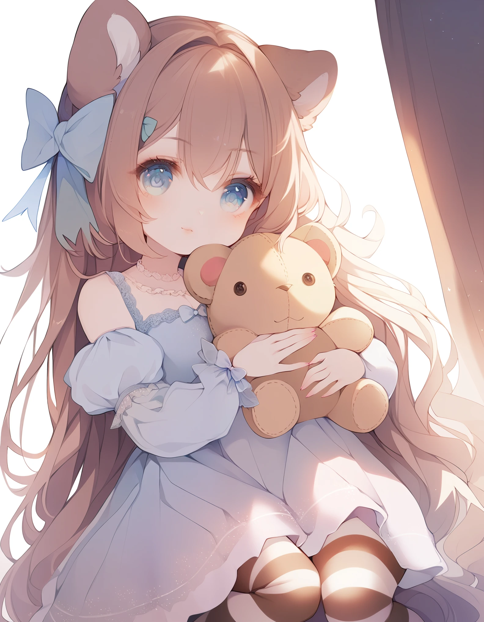 Alone, 1 girl, psgmeia, Expressionless, looking at viewer, holding doll, plush toy, hair bow, dress, long sleeves, juliet sleeves, striped thighs, Indoors