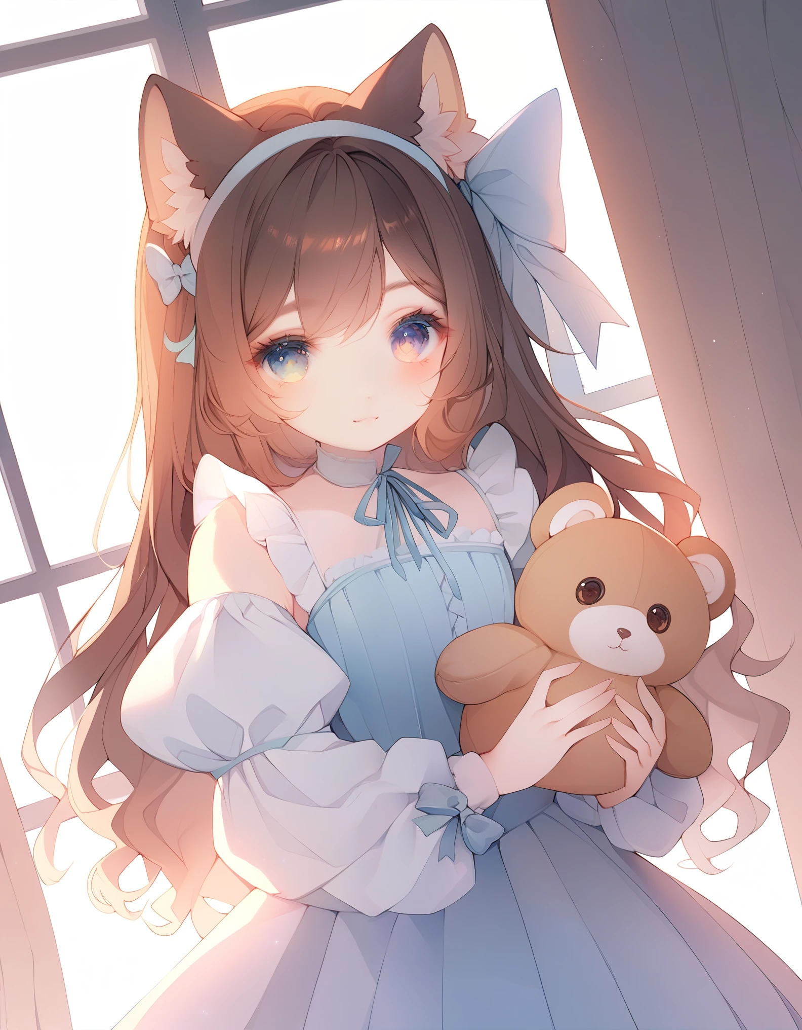 Alone, 1 girl, psgmeia, Expressionless, looking at viewer, holding doll, plush toy, hair bow, dress, long sleeves, juliet sleeves, striped thighs, Indoors