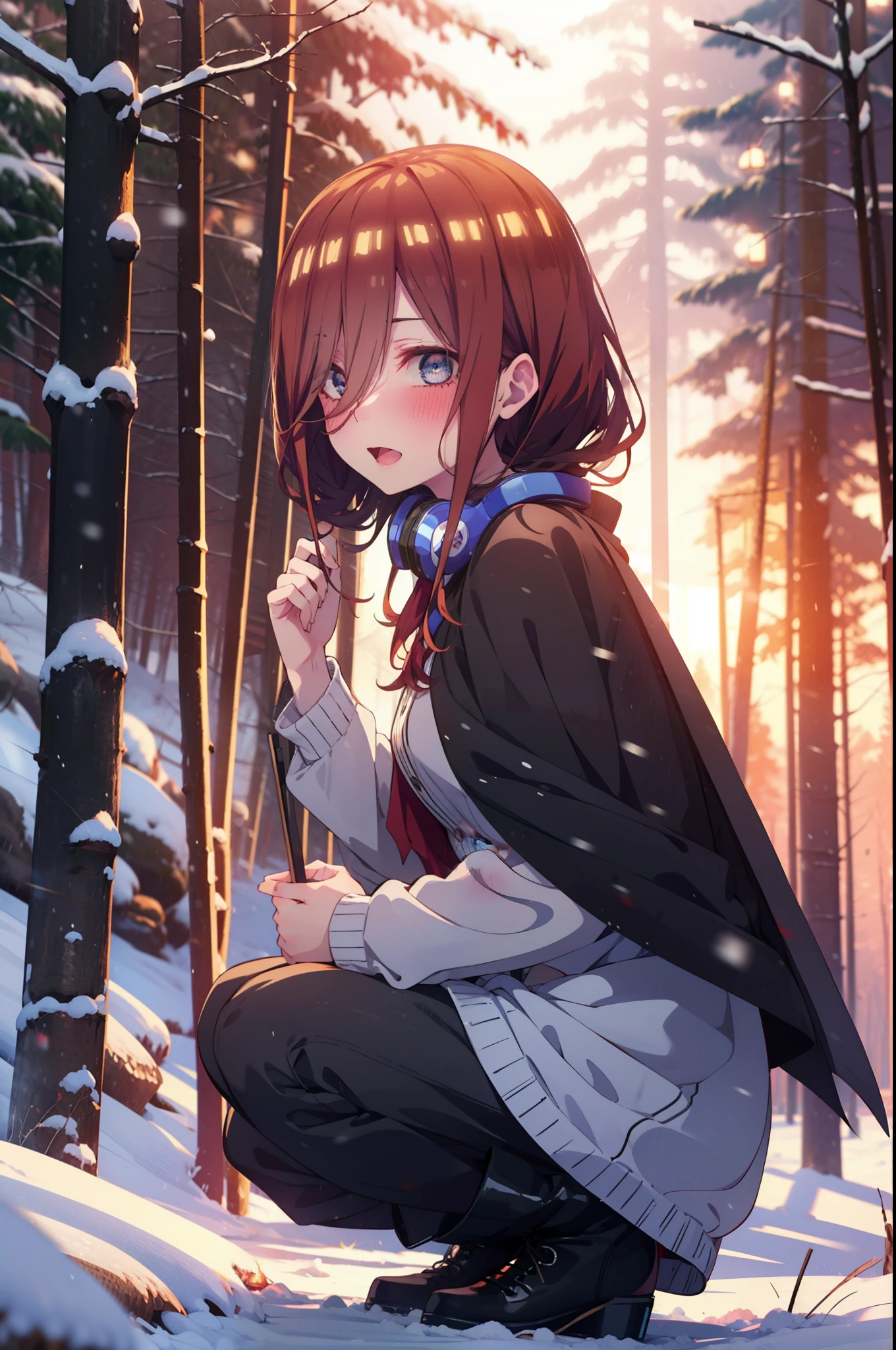 Miku Nakano, Miku Nakano, Long Hair, bangs, Brown Hair, shirt, Hair between the eyes, cardigan, Headphones around the neck,smile,blush,White Breath,
Open your mouth,snow,Ground bonfire, Outdoor, boots, snowing, From the side, wood, suitcase, Cape, Blurred, Increase your meals, forest, White handbag, nature, Squat, Mouth closed, フードed Cape, winter, Written boundary depth, Black shoes, red Cape break looking at viewer, Upper Body, whole body, break Outdoor, forest, nature, break (masterpiece:1.2), highest quality, High resolution, unity 8k wallpaper, (shape:0.8), (Beautiful and beautiful eyes:1.6), Highly detailed face, Perfect lighting, Extremely detailed CG, (Perfect hands, Perfect Anatomy),
