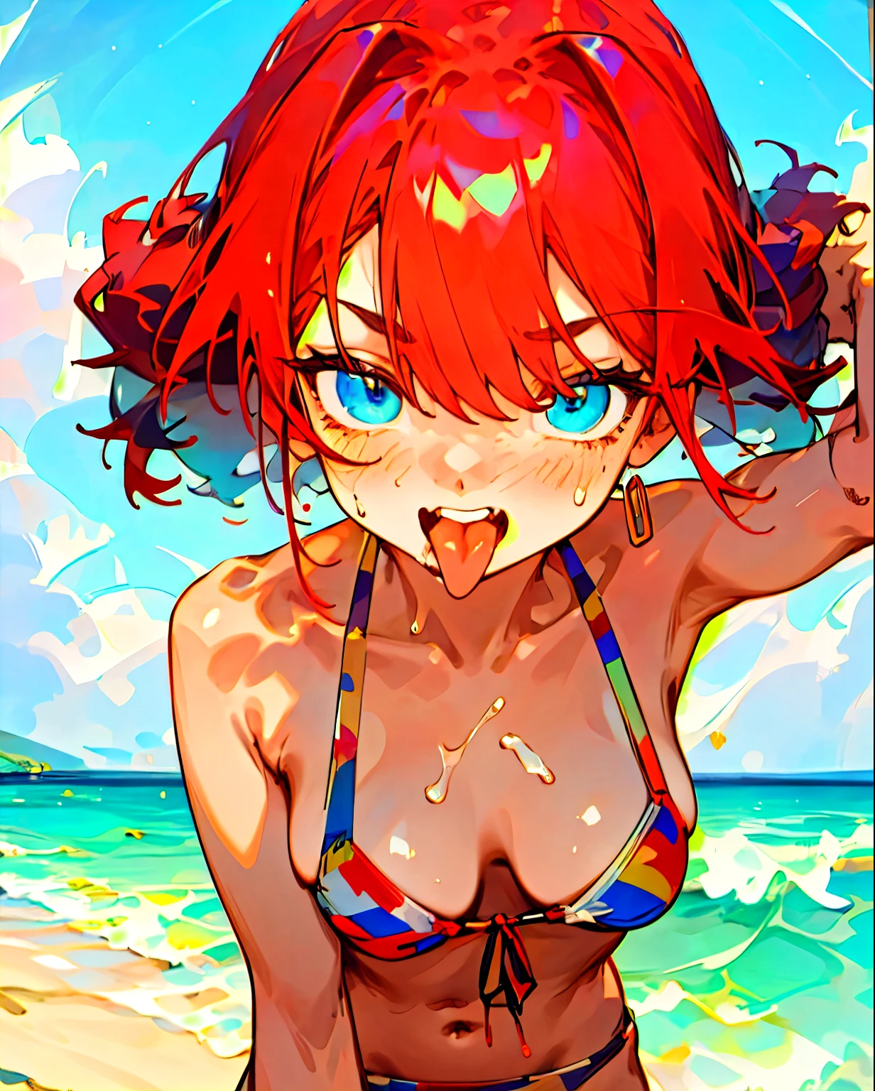 anime girl, best quality, super HD, bikini, on beach, tongue out, highest quality, beautiful face, clean, smooth, perfect face, perfect hands