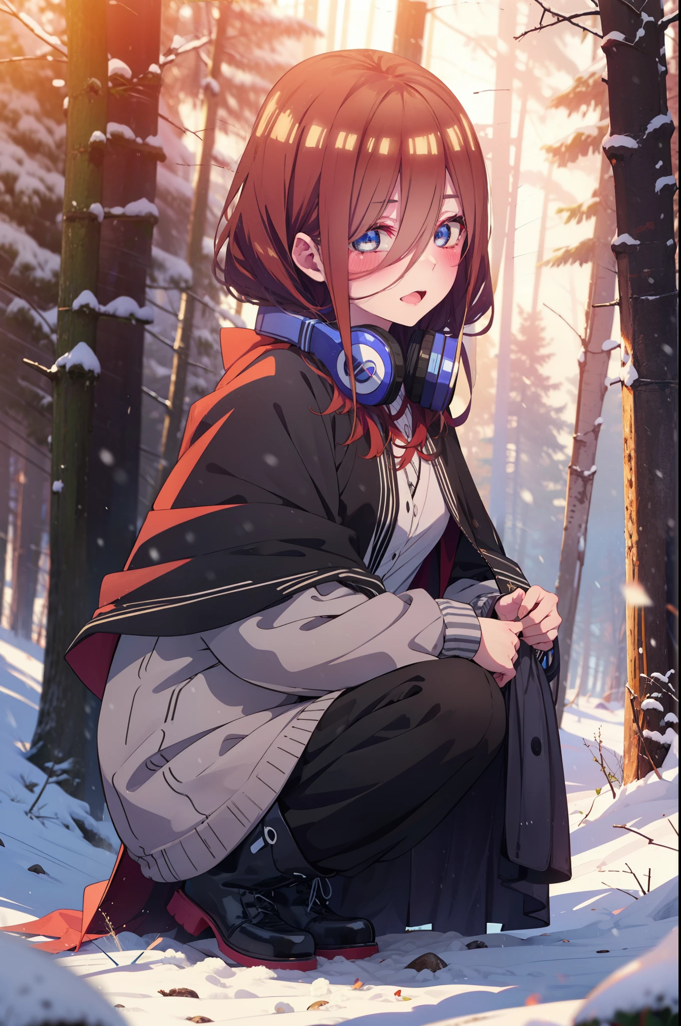 Miku Nakano, Miku Nakano, Long Hair, bangs, Brown Hair, shirt, Hair between the eyes, cardigan, Headphones around the neck,smile,blush,White Breath,
Open your mouth,snow,Ground bonfire, Outdoor, boots, snowing, From the side, wood, suitcase, Cape, Blurred, Increase your meals, forest, White handbag, nature, Squat, Mouth closed, フードed Cape, winter, Written boundary depth, Black shoes, red Cape break looking at viewer, Upper Body, whole body, break Outdoor, forest, nature, break (masterpiece:1.2), highest quality, High resolution, unity 8k wallpaper, (shape:0.8), (Beautiful and beautiful eyes:1.6), Highly detailed face, Perfect lighting, Extremely detailed CG, (Perfect hands, Perfect Anatomy),